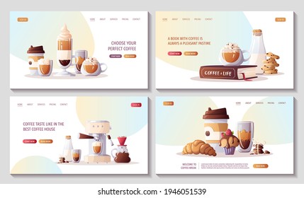 Set of web pages for Coffee shop, break, cafe-bar, restaurant. Coffee machine, Cup of coffee, clever dripper, milk, cupcake, croissant, cookies. Vector illustration for poster, banner, website.