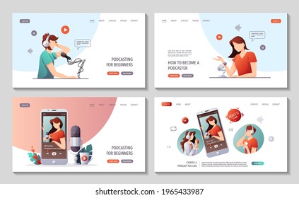 Set of web pages with collection of podcast. Streaming, Online show, blogging, podcasting, podcast apppodcast app, radio broadcasting concept. Vector illustration for poster, banner, website.