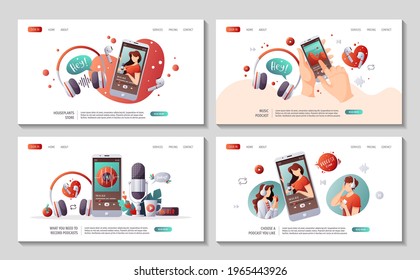 Set of web pages with collection of podcast. Streaming, Online show, blogging, podcasting, podcast apppodcast app, radio broadcasting concept. Vector illustration for poster, banner, website.