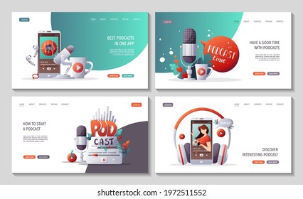 Set of web pages with collection of podcast. Streaming, Online show, blogging, podcasting, podcast app, radio broadcasting concept. Vector illustration for poster, banner, website.