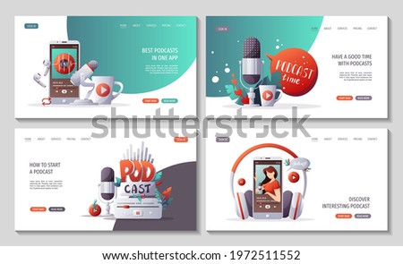 Set of web pages with collection of podcast. Streaming, Online show, blogging, podcasting, podcast app, radio broadcasting concept. Vector illustration for poster, banner, website.