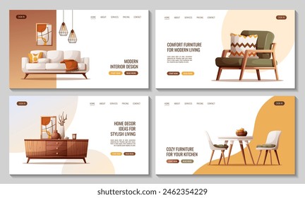 Set of web pages with cozy white sofa, wooden tv stand, dining table with chairs, armchair. Interior design, home decor, furniture, living room concept. Vector illustration for banner, website.