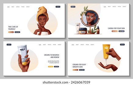 Set of web pages with dark skin woman, hands with creams, serum. Beauty, skin care, cosmetic, spa, shower concept. Vector illustration for banner, website, poster.