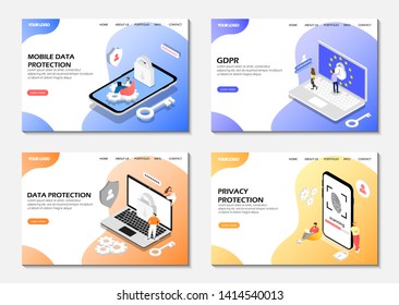 Set of web pages. Data protection, GDPR, privacy protection. Startup landing pages. Modern web pages for web sites.