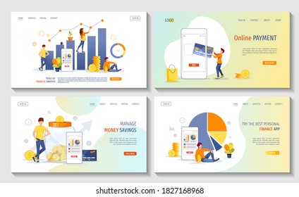 Set of web pages with diagrams, phone, money jar bank, people. Profit, investment analysis, online payment, money saving, finance app concept. Vector illustration for banner, poster, website.