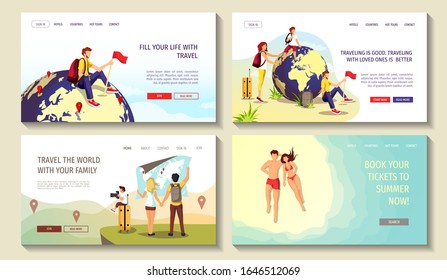 Conjunto de páginas web para descubrimiento, Día Mundial del Turismo, agencia de viajes. Familia con el mapa del mundo o del mundo y pareja para tomar el sol. Ilustración vectorial para banner, afiche, sitio web, comercial, publicidad.