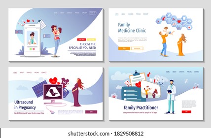 Set of web pages for Family doctor, Medical consultation, Tele medicine, Sonogram and Pregnancy Medicine clinic and health care concept. Vector illustration for poster, banner, website. 