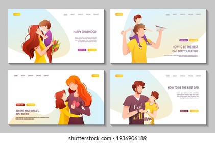 Set of web pages with father, mother and their children of different ages. Happy family day, Parenting, Childhood, relationship concept. Vector Illustration for poster, banner, website.