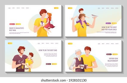 Set of web pages with fathers with their children of different ages. Fatherhood, Parenthood, Childhood, Father's Day Happy family concept. Vector Illustration for poster, banner, website.