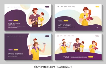 Set of web pages with fathers with their children of different ages. Fatherhood, Parenthood, Childhood, Father's Day Happy family concept. Vector Illustration for poster, banner, website.