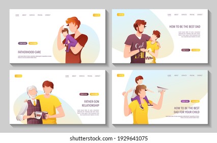 Set of web pages with fathers with their children of different ages. Fatherhood, Parenthood, Childhood, Father's Day Happy family concept. Vector Illustration for poster, banner, website.