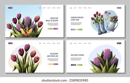 Set of web pages with flowers, watering can, rubber boots. Spring time, nature, gardening. Vector illustration for banner, website