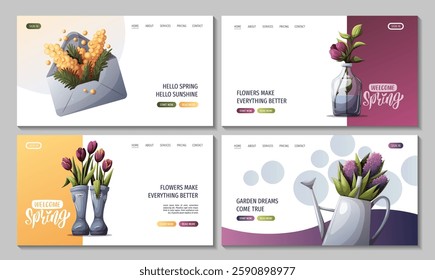 Set of web pages with flowers, watering can, rubber boots, envelope. Vector illustration for banner, website