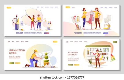 Set Of Web Pages For Graphic Designer Or Digital Illustrator, Interior Designer, Landscape Designer, Fashion Designer. Vector Illustration For Banner, Presentation, Advertising, Commercial, Website.