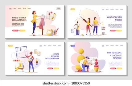 Set Of Web Pages For Graphic Designer Or Digital Illustrator, Interior Designer, Landscape Designer, Fashion Designer. Vector Illustration For Banner, Presentation, Advertising, Commercial, Website.