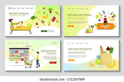 Set of web pages for Grocery Market, Online Store, Shopping, Home Delivery. Man with trolley, grocery bag and people ordering food. Vector illustration for poster, banner, flyer, commercial, offer.