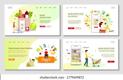 Set Of Web Pages For Grocery Store, Online Market, Home Delivery, Shopping. People Choosing And Ordering Groceries. Vector Illustration For Poster, Banner, Website, Flyer.