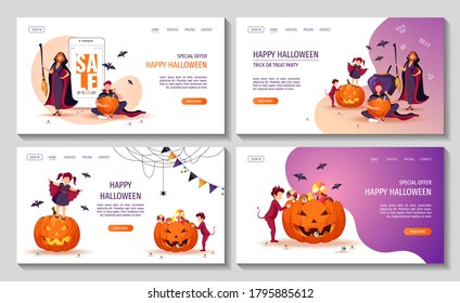 Set of web pages for Halloween with people dressed in costumes. Witch with broom and cauldron, man in cloak, imp, bats, scary pumpkins. Vector illustration for poster, banner, web page.