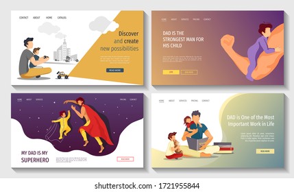 Set of web pages for Happy Father's Day, Fatherhood, Parenthood, Childhood, Dad with children. Vector illustration for poster, banner, website, cover, flyer.