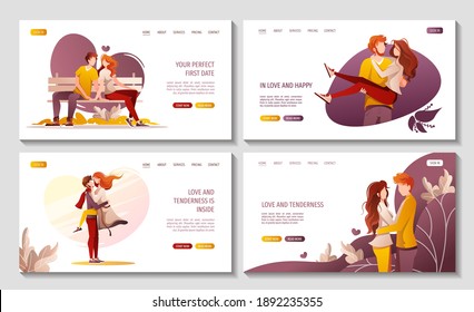 Set of web pages for Happy Valentine's Day with young couples in love. February 14 Romantic Relationship and Love concept. Vector illustration for banner, poster, card, website.