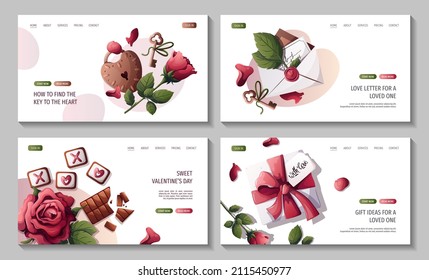 Set of web pages for Happy Valentine's Day with Gift box, rose, petals, love letter, lock and key. Romance, Love, Wedding concept. Vector illustration for poster, banner, website, advertising.