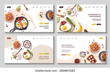 Set of web pages for Healthy eating, nutrition, cooking, breakfast menu, dessert, recipes, pastry, fresh food. Vector illustration for banner, website, poster.