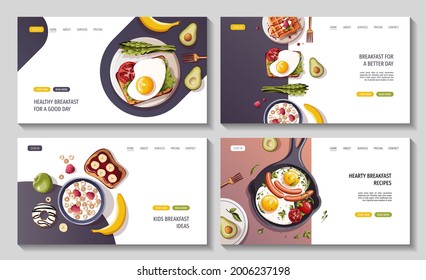 Set of web pages for Healthy eating, nutrition, cooking, breakfast menu, dessert, recipes, pastry, fresh food. Vector illustration for banner, website, poster.