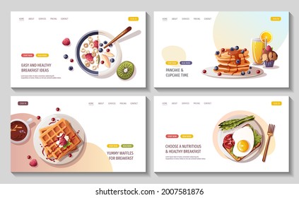 Set of web pages for Healthy eating, nutrition, cooking, breakfast menu, dessert, recipes, pastry, fresh food. Vector illustration for banner, website, poster.