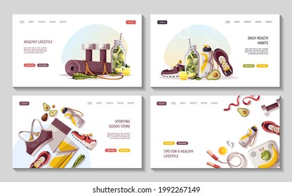 Set Of Web Pages For Healthy Lifestyle, Natural Food, Sport Equipment, Fitness, Yoga, Training, Sportswear, Sports Shop, Gym Concept. Vector Illustration For Poster, Banner, Website, Advertising.