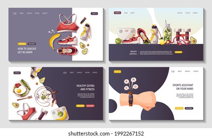 Set of web pages for healthy lifestyle, natural food, sport equipment, fitness, yoga, training, sportswear, sports shop, gym concept. Vector illustration for poster, banner, website, advertising.