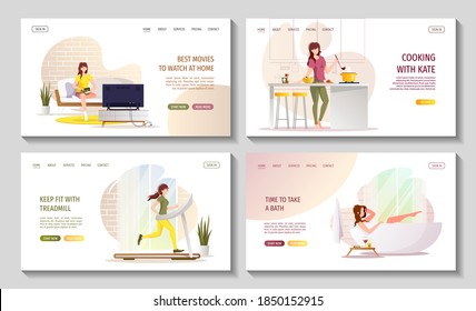 Set of web pages for home activities or leisure. Stay home concept. Woan watching TV, taking bath, running on a treadmill, cooking food. Vector illustration for poster, banner, website.