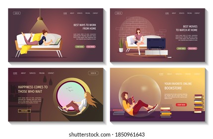 Set of web pages for home activities or leisure. Stay home concept. Woman reading book, working, watching TV, sitting on the windowsill. Vector illustration for poster, banner, website.