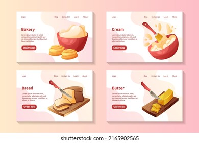 Set of web pages for homemade cuisine, cooking or culinary courses, restaurants or cafe. Vector cartoon illustration.