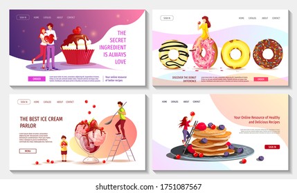 Set of web pages with ice cream, pancakes, cupcake, donuts and tiny people. Bakehouse, Sweet products, Dessert concept. Vector illustration for poster, banner, flyer, advertisement, commercial, menu. 