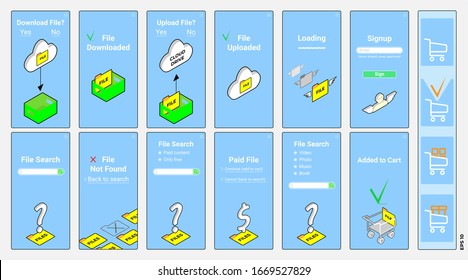 Set of web pages. Icons isometric, flat. User interface. Selection menu, search bar, cloud drive, upload, download content. Loading process, registration bar, paid content, added to cart. Cart status.
