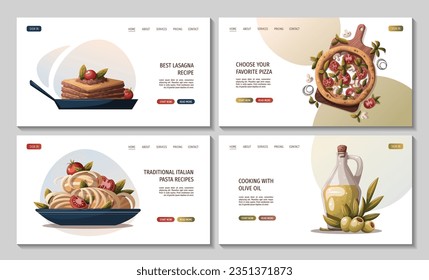 Set of web pages with Italian lasagna, Pizza Margherita, Italian pasta, olive oil. Italian food, healthy eating, cooking, recipes, restaurant menu concept. Vector illustration for banner, website.