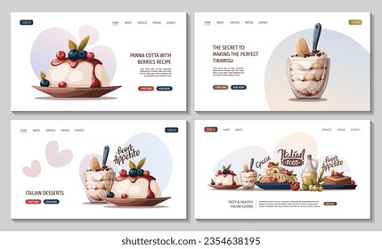 Set of web pages with Italian pasta, lasagna, panna cotta, tiramisu. Italian food, dessert, healthy eating, cooking, recipes, restaurant menu concept. Vector illustration for banner, website.