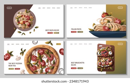 Set of web pages with Italian pizza, pasta, bruschetta. Italian food, healthy eating, cooking, recipes, restaurant menu concept. Vector illustration for banner, website, poster.