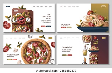 Set of web pages with Italian pizza, pasta, bruschetta, olive oil. Italian food, healthy eating, cooking, recipes, restaurant menu concept. Vector illustration for banner, website, poster.