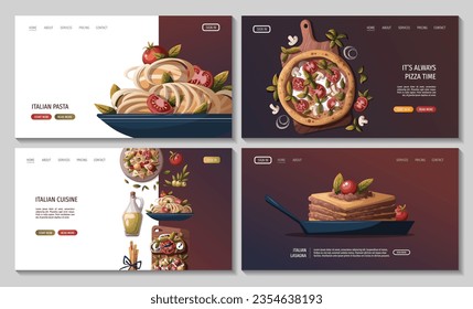 Set of web pages with Italian pizza, pasta, bruschetta, lasagna. Italian food, healthy eating, cooking, recipes, restaurant menu concept. Vector illustration for banner, website, poster.