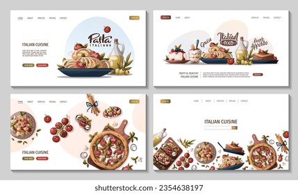 Set von Webseiten mit italienischen Pizza, Pasta, bruschetta, Lasagna, Olivenöl, Tiramisu. Italienisches Essen, gesunde Küche, Kochen, Rezepte, Restaurant-Menü-Konzept. Vektorgrafik für Banner, Website.