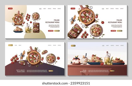 Set of web pages with Italian pizza, pasta, bruschetta, olive oil. Italian food, healthy eating, cooking, recipes, restaurant menu concept. Vector illustration for banner, website, poster.