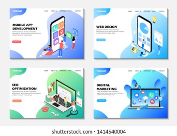 Set of web pages. Landing pages. Mobile app development, seo optimization, digital marketing, web design.  Modern web pages for web sites.