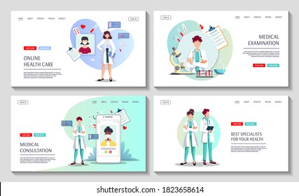 Set of web pages for Medical consultation, Online doctor, Laboratory diagnostic, Medicine clinic and health care. Vector illustration for poster, banner, website, presentation.