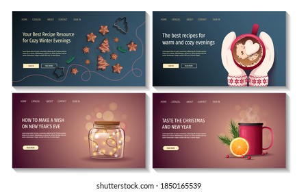 Set of web pages for Merry Christmas and Happy New Year, Winter recipes. Cookies, Cup with hot beverage, Hands in mittens, Jar with garland. Vector illustration for poster, banner, card, cover.