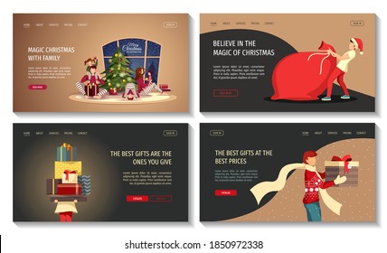 Set of web pages for Merry Christmas and Happy New Year with family, christmas tree and gifts. Vector illustration for poster, banner, cover, website.