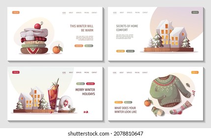 Set of web pages for Merry Christmas, cozy winter, New Year, Warm clothes, home comfort, holidays concept. Vector illustration for poster, banner, website, cover.