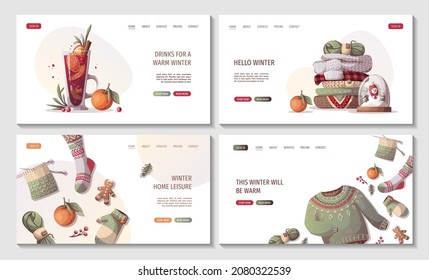 Set of web pages for Merry Christmas, cozy winter, New Year, Warm clothes, home comfort, holidays concept. Vector illustration for poster, banner, website, cover.