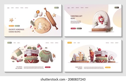 Set of web pages for Merry Christmas, cozy winter, New Year, Warm clothes, home comfort, holidays concept. Vector illustration for poster, banner, website, cover.