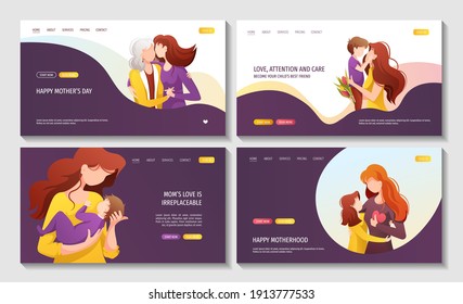 Set of web pages with moms with their child. Motherhood, Parenthood, Childhood, Mother's Day Happy family concept. Vector illustration for website, poster, banner.